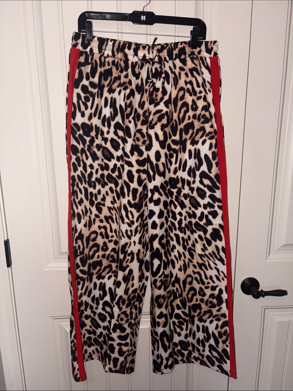 Leopard Print Wide-Leg Pants with Red Side Stripe